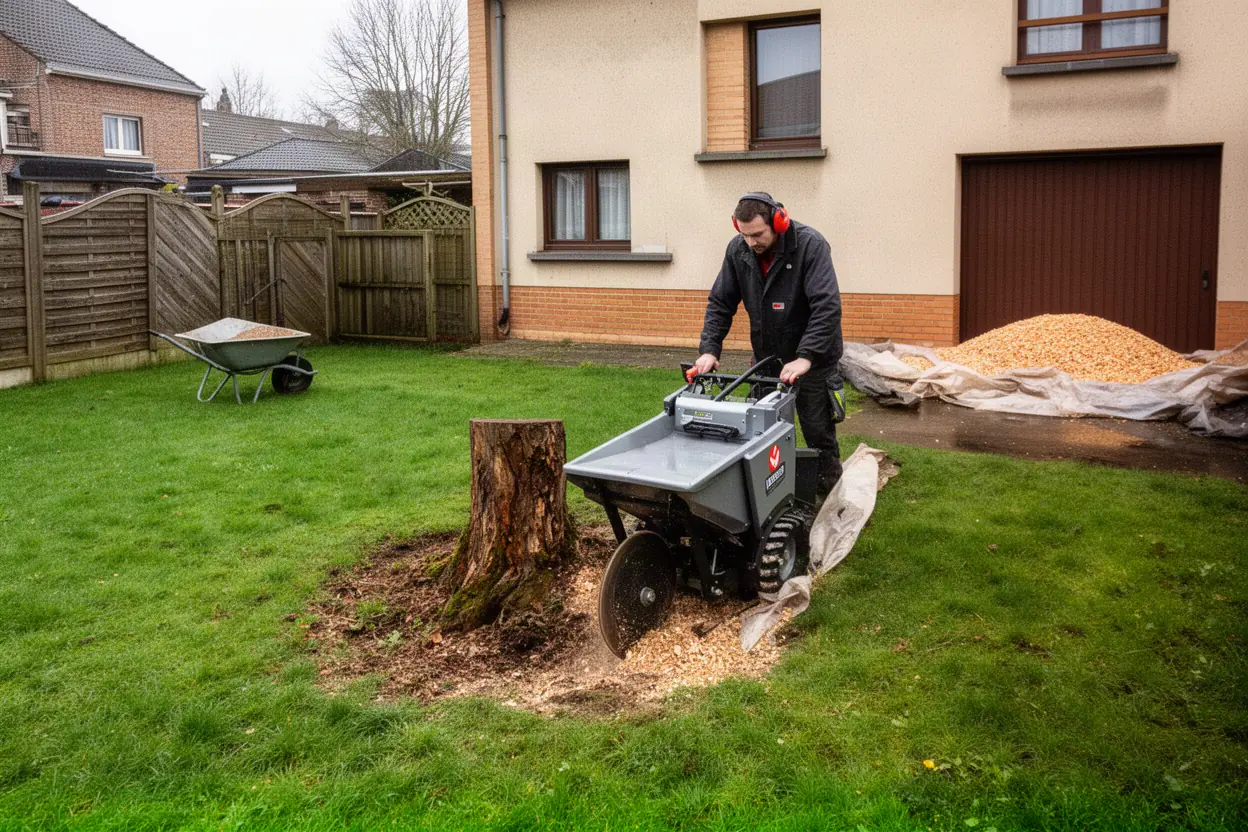 Rogneuse supprimant une souche dans un jardin lillois