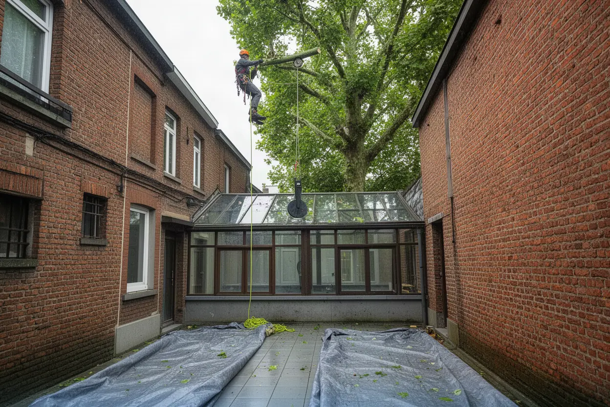 Élagueur grimpeur sécurisé dans un arbre à Loos