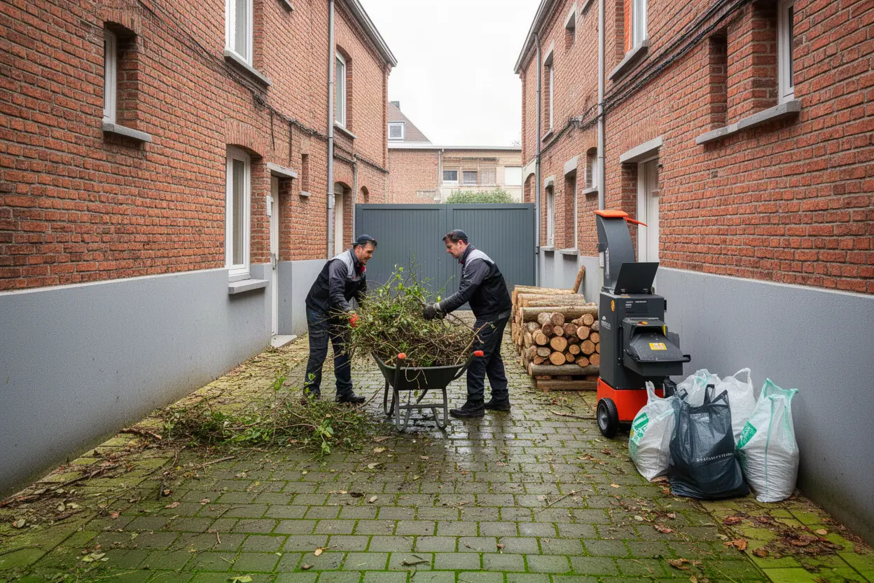 Ramassage de branches après élagage dans une cour à Loos